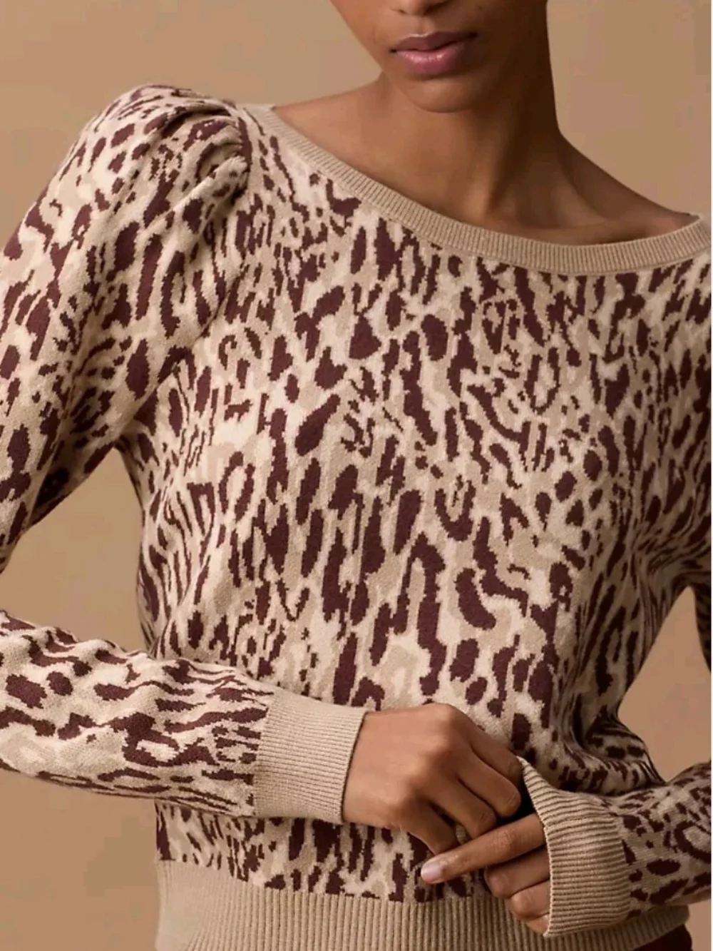 Maeve Cream and Brown Animal-Print Off-the-Shoulder Sweater